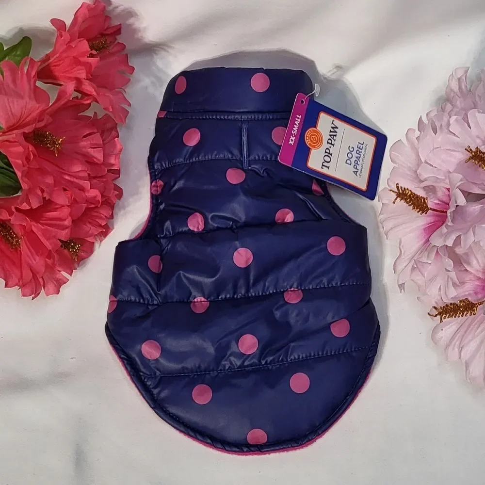 Top Paw NWT Navy Blue Polka Dot Puffer Jacket with Velcro Closure Size XXS